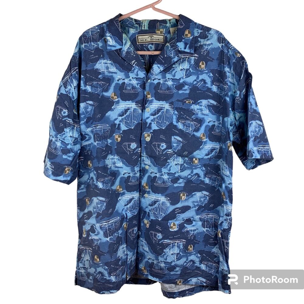 M.E. Sport Vintage Hawaiian Sail Boat Button Up Shirt Mens Sz XL